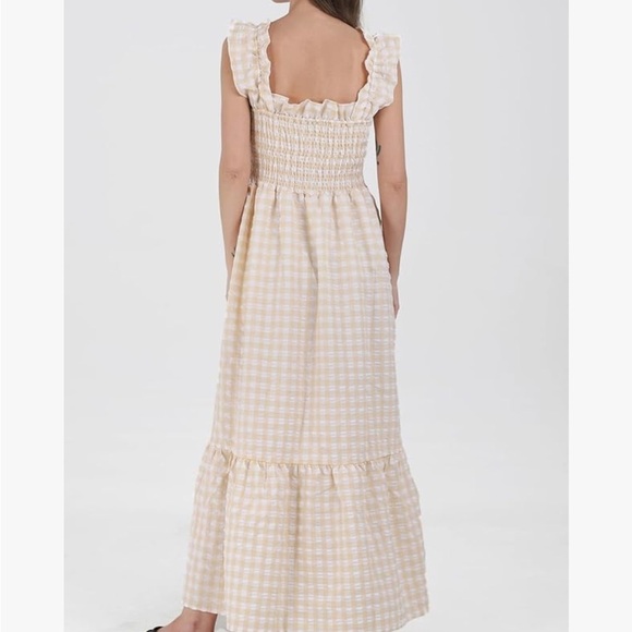 Ruffle Plaid Gingham Long Dress Shirred Stretchy Strap Flowy Retro Dress Beige - Picture 3 of 7